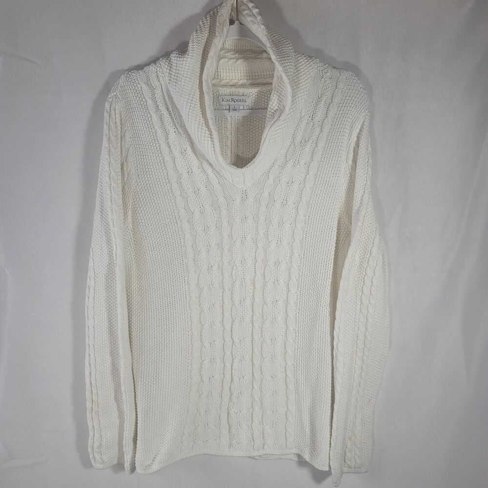 Kim Rogers White Cable Knit Hooded Draped Cowl Neck Sweater Size L 100% Cotton